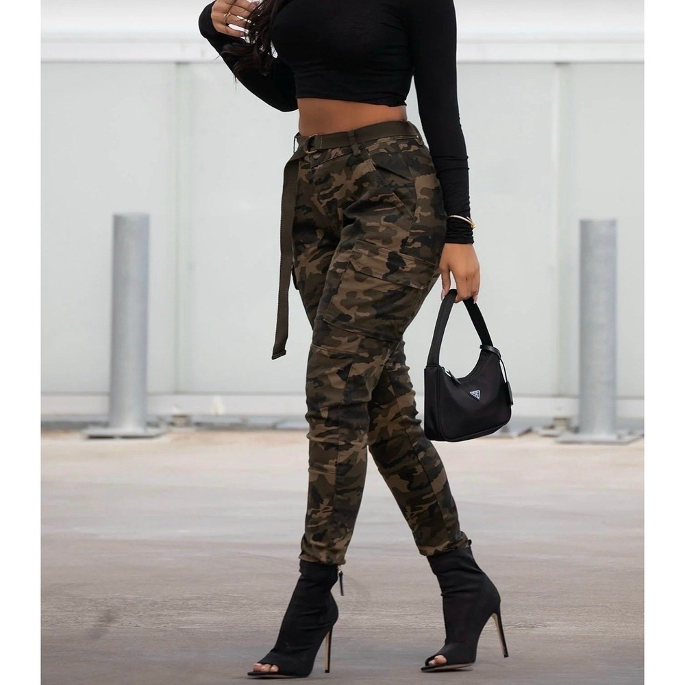 Fashion Nova Womens Camouflage Cargo Pants Joggers Green Brown Camo Size Small